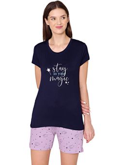 Bodycare - Womens Modal Printed Night Suit Of T-Shirt & Shorts -BSSS17501 Navy Blue (Set of 2)