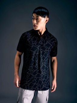 Pepe Jeans - Men Black Geometric Print Half Sleeves Stretch Polo T-Shirt