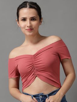 SHOWOFF - Womens Off-shoulder Mauve Fitted Crop Top