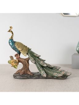 HomeTown - Miraya Decorative Peacock, Polyresin Hand Finished Figurine Green & Gold