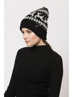 513 - Women Black and Off White Self Design Acrylic Beanie Cap