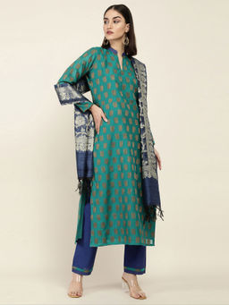 Soch - Teal Chanderi Unstitched Dress Material ( Set of 3 )