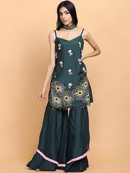 Arpita Sulakshana - Bottle Green Silk Kurti And Garara With Dupatta