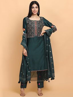 Arpita Sulakshana - Bottle Green Chanderi Kurta And Pant With Dupatta