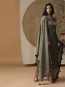 Arpita Sulakshana - Olive Green Palki Kurta With Palazzos And Dupatta