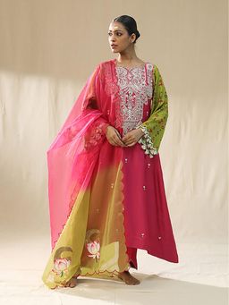 Arpita Sulakshana - Pink Ombre Hand painted Anarkali Kurta And Pant With Dupatta Set