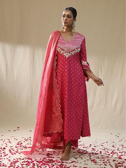 Arpita Sulakshana - Pink Self Chanderi Anarkali Kurta And Pant With Dupatta