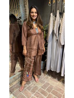 Arpita Sulakshana - Brown Jacket Hand painted Buster Top With Trousers Co-Ord Set