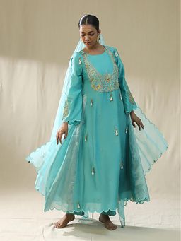 Arpita Sulakshana - Firozi Ambi A Line Kurta And Pant With Dupatta