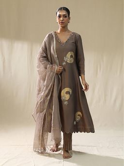 Arpita Sulakshana - Mocha Brushstroke Kurta And Pant With Dupatta Set