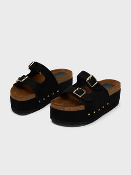 Twenty Dresses by Nykaa Fashion - Black Round Toe Buckle Flatform Slider Heels for Women