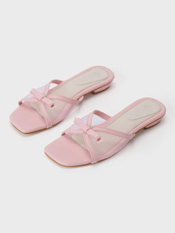 Twenty Dresses by Nykaa Fashion - Pink Square Toe Upper Mesh Bow Detail Sandal For Women