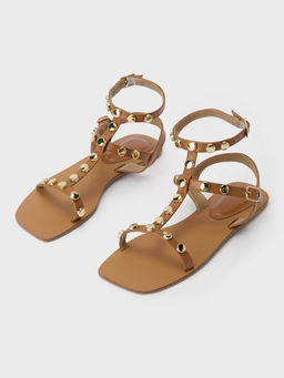Twenty Dresses by Nykaa Fashion - Tan Studded Square Toe Ankle Strap Gladiator Flats