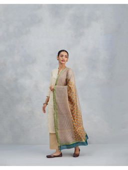Fabindia - Yellow Cotton Silk Blend Hand Block Printed Dupatta
