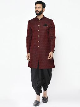 KISAH - Men Maroon Textured Silk Blend Jacquard Indowestern Sherwani Dhoti Set with Zari Design