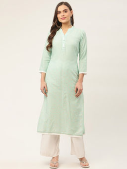 Jompers - Women Blue and Off White Pure Cotton Ethnic Motifs Printed Kurta