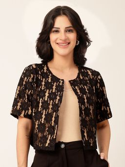 Style Quotient - Women Black Self Design Cropped Jacket