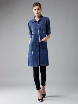 DOLCE CRUDO - Women Navy Blue Solid Overcoat