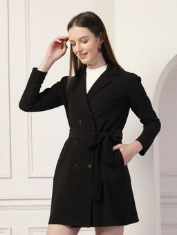 Style Quotient - Women Black Solid Coat with Belt (Set of 2)