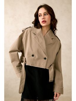 Virgio - Women Beige Solid Jacket with Belt (Set of 2)