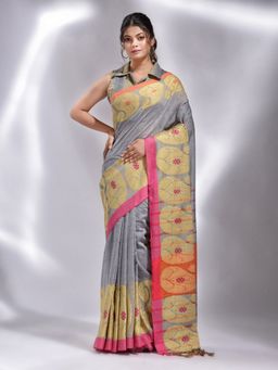 CHARUKRITI - Light Grey Pure Cotton Handwoven Kolka Border Saree with Unstitched Blouse