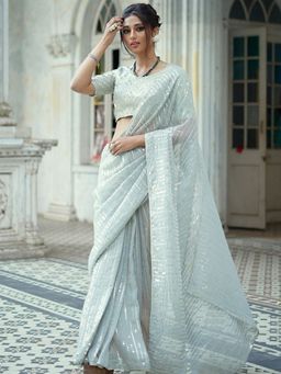 Odette - Light Blue Georgette Sequins Embroidery Saree with Unstitched Blouse