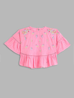 Blue Giraffe - Girls Pink Embroidered Top