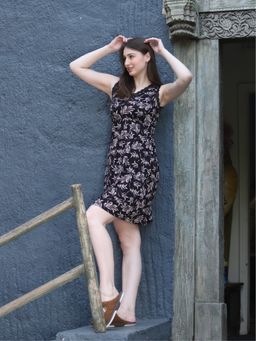 MAYSIXTY - Cotton & Spandex Printed Black Short Nighty