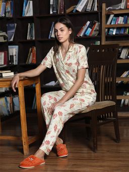 MAYSIXTY - Women Viscose Rayon Printed Collared Cream Half Sleeve Shirt with Pyjama (Set of 2)