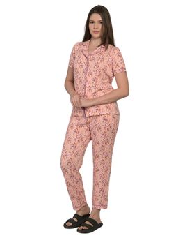 MAYSIXTY - Women Pure Poly Brush Printed Collared Peach Half Sleeve Shirt with Pyjama (Set of 2)