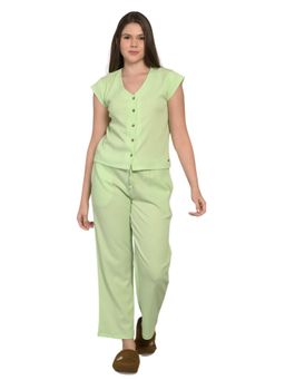 MAYSIXTY - Women Pure Poly Crinkle Solid V Neck Green Short Sleeve Top with Pyjama (Set of 2)