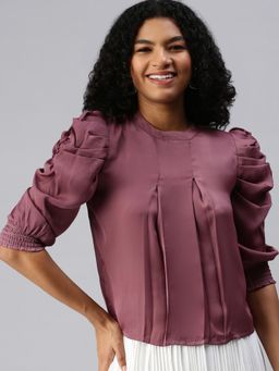 SHOWOFFFF - Women Crew Neck Puff Sleeves Solid Mauve Top