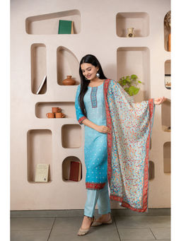 WEAVLLITE - Blue Muslin Silk Printed Kurta (Set of 3)