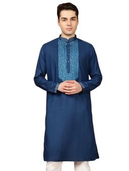 Gahan - Mens Blue Cotton Front Katha Stitch Work Kurta