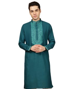 Gahan - Mens Firozi Teal Cotton Front Katha Stitch Work Kurta