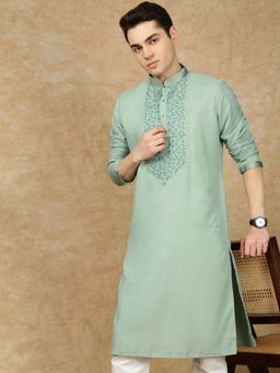 Gahan - Mens Green Cotton Front Katha Stitch Work Kurta