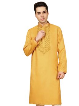 Gahan - Mens Mustard Cotton Front Katha Stitch Work Kurta