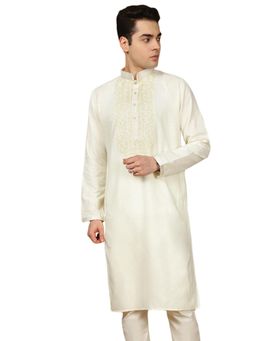 Gahan - Mens Off White Cotton Front Katha Stitch Work Kurta