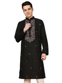 Gahan - Mens Black Front Katha Stitch Work Cotton Kurta