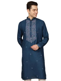 Gahan - Mens Blue Front Katha Stitch Work Cotton Kurta