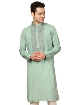 Gahan - Mens Green Front Katha Stitch Work Cotton Kurta