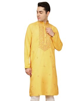 Gahan - Mens Yellow Front Katha Stitch Work Cotton Kurta