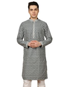 Gahan - Premium Silk Blend Embroidered Firozi Grey Kurta