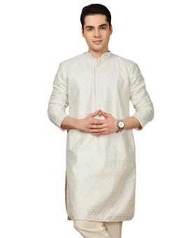 Gahan - Mens Premium Silk Blend Embroidered Off White Kurta