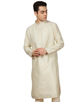 Gahan - Mens Shimmering Off White Embellished Poly Silk Kurta