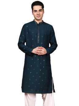Gahan - Mens Silk Blend Deep Blue Designer Sequins Work Kurta