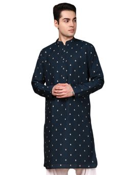 Gahan - Mens Rich Silk Blend Designed Curates Elegant Navy Blue Kurta
