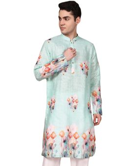 Gahan - Mens Cotton Digital Flower Printed Sea Green Kurta