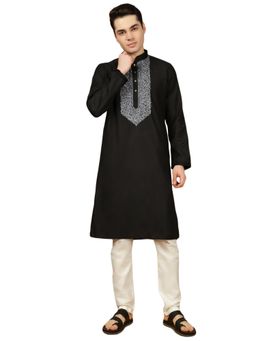 Gahan - Mens Black Cotton Front Katha Stitch Work Kurta with Pajama