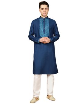 Gahan - Mens Navy Blue Cotton Front Katha Stitch Work Kurta with Pajama